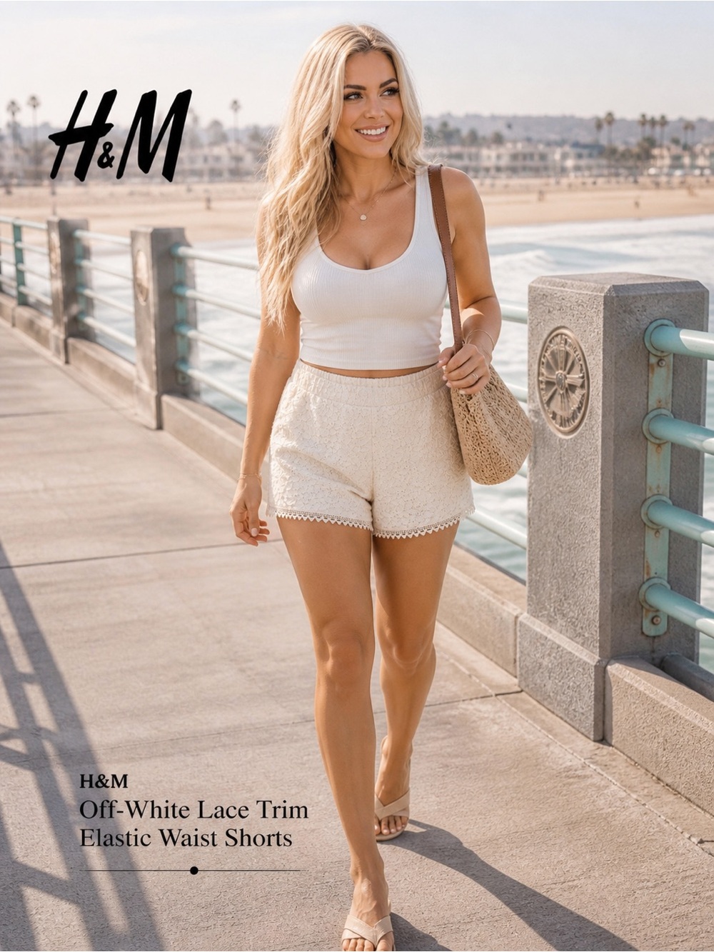 H&M Off-White Lace Trim Elastic Waist Shorts